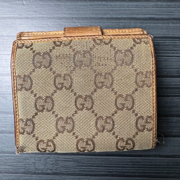 GUCCI GG Logo Canvas Leather Bifold Wallet Brown Used|Authentic - Picture 2 of 6